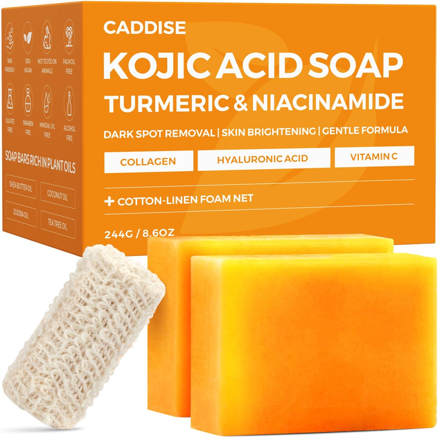 CADDISE Kojic Acid Turmeric Soap Bars – Dark Spot Remover & Skin Care, Handmade Face & Body Wash Bars with Niacinamide, Shea Butter, Tea Oil, Vitamin C (2 Pack, 8.5 Oz)