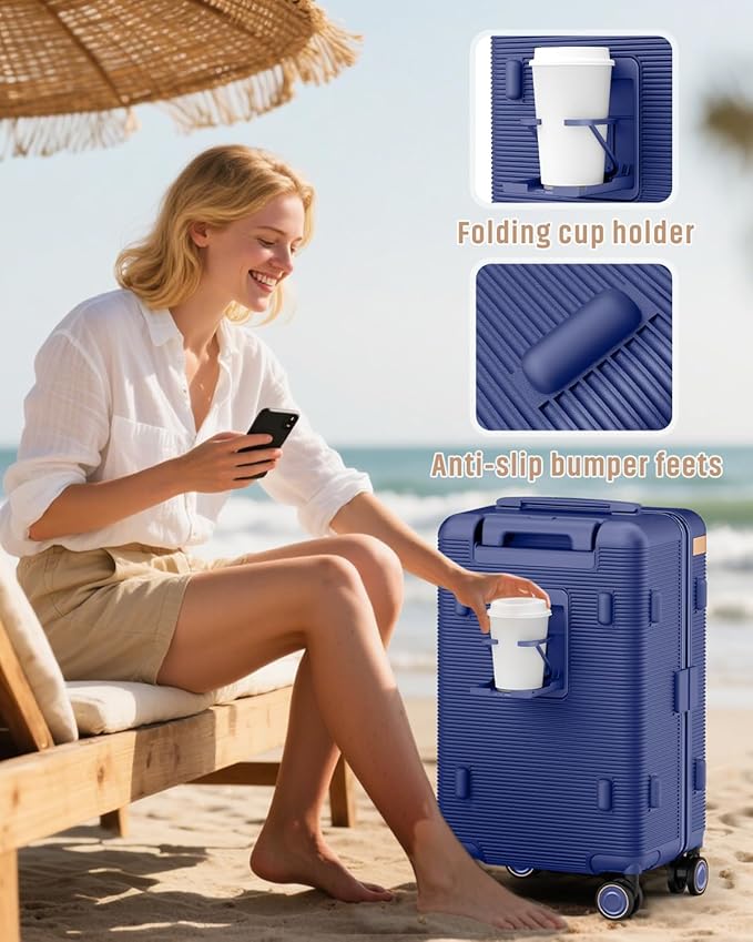Joyway 22 Inch Carry on Luggage with Cup Holder, Hard Shell Carry-on Suitcases with Shock Absorbing Spinner Wheels, Lightweight Luggage with TSA Lock for Women Men, Blue