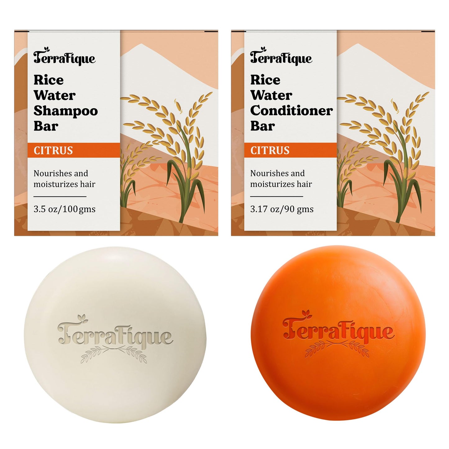 Terrafique Rice Water Shampoo and Conditioner Bar Set - Citrus Scent - for Thinning, Dry, Damaged Hair - Travel Friendly - 3.17 Oz