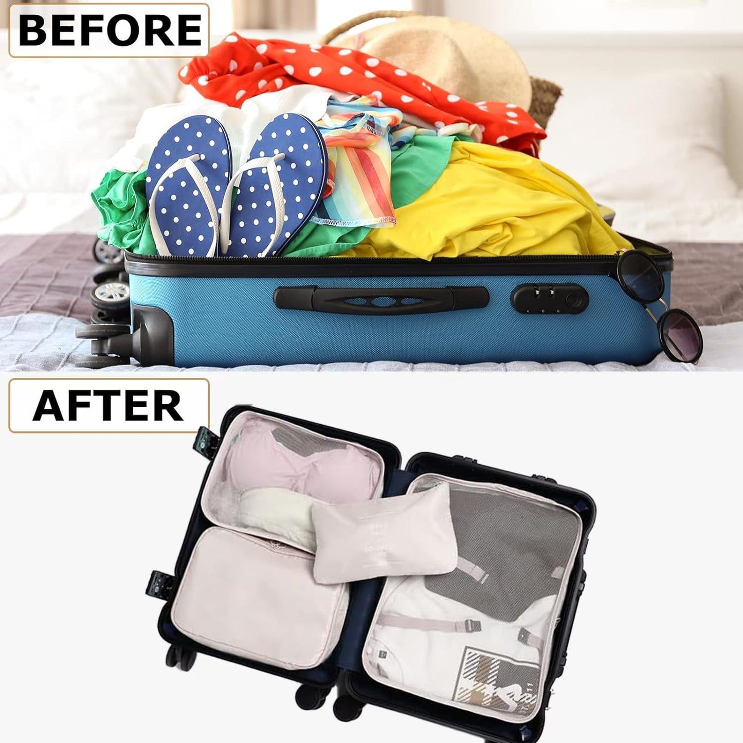 LANSKLBD 6 Set Packing Cubes for Travel, Luggage Organizers with Shoe & Toiletry Bags, Lightweight Suitcase Organizer for Carry-On, Washable Laundry Bags (Beige)