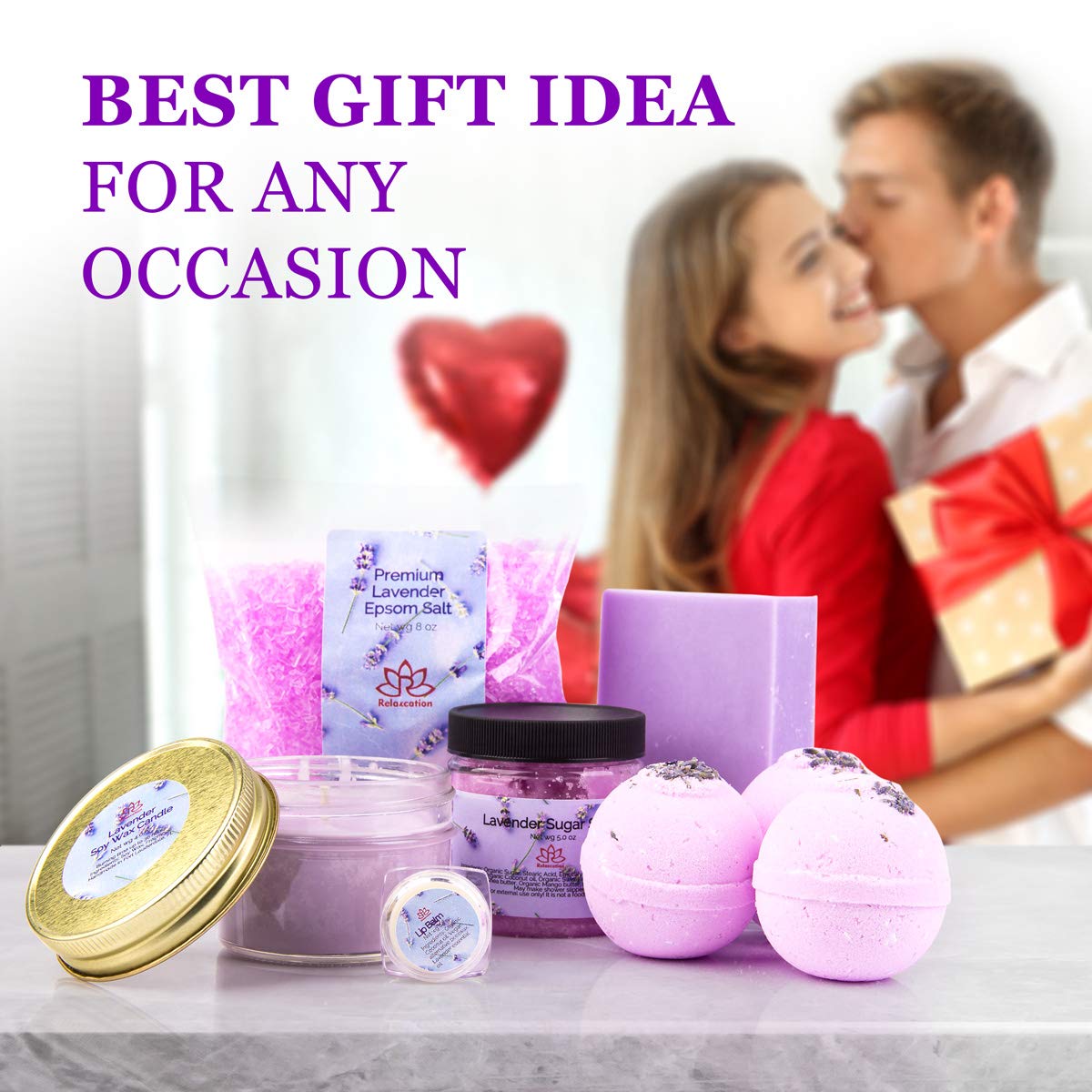 Gift Basket for Women Organic Lavender Gift Set, Bath and Body at Home, Spa Kit, Soy Wax Candle, Natural Oil Bath Salt, 3 Bath Bombs, Soap Bar, Body Sugar Scrub, for Mom, Girls - Made in USA