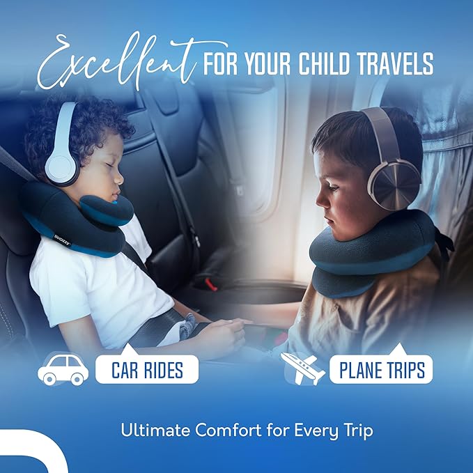 BCOZZY Kids Travel Neck Pillow (8-12 Y/O) – Patented Soft Child Pillow for Head & Chin Support in Car, Airplane, and Road Trip Sleeping. Adjustable Size. Carry Bag. Fully Washable. Medium, Light Blue
