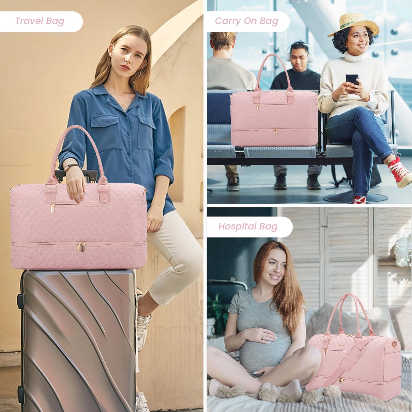 LOVEVOOK Travel Duffle Bag for Women, Weekender Overnight Bags with Shoe Compartment, Carry on Bag with Toiletry Kit, Gym Duffel Bag with Wet Pocket, Hospital Bags for Labor and Delivery 3 Pcs Set