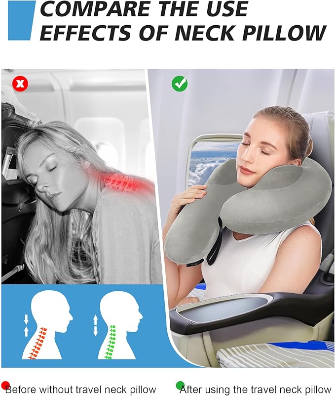 Travel Neck Pillow for Airplane, Travel Pillow Support Head and Neck, Comfortable & Washable Cover, Inflatable Neck Pillow for Traveling,Car,Office,Home (Grey)