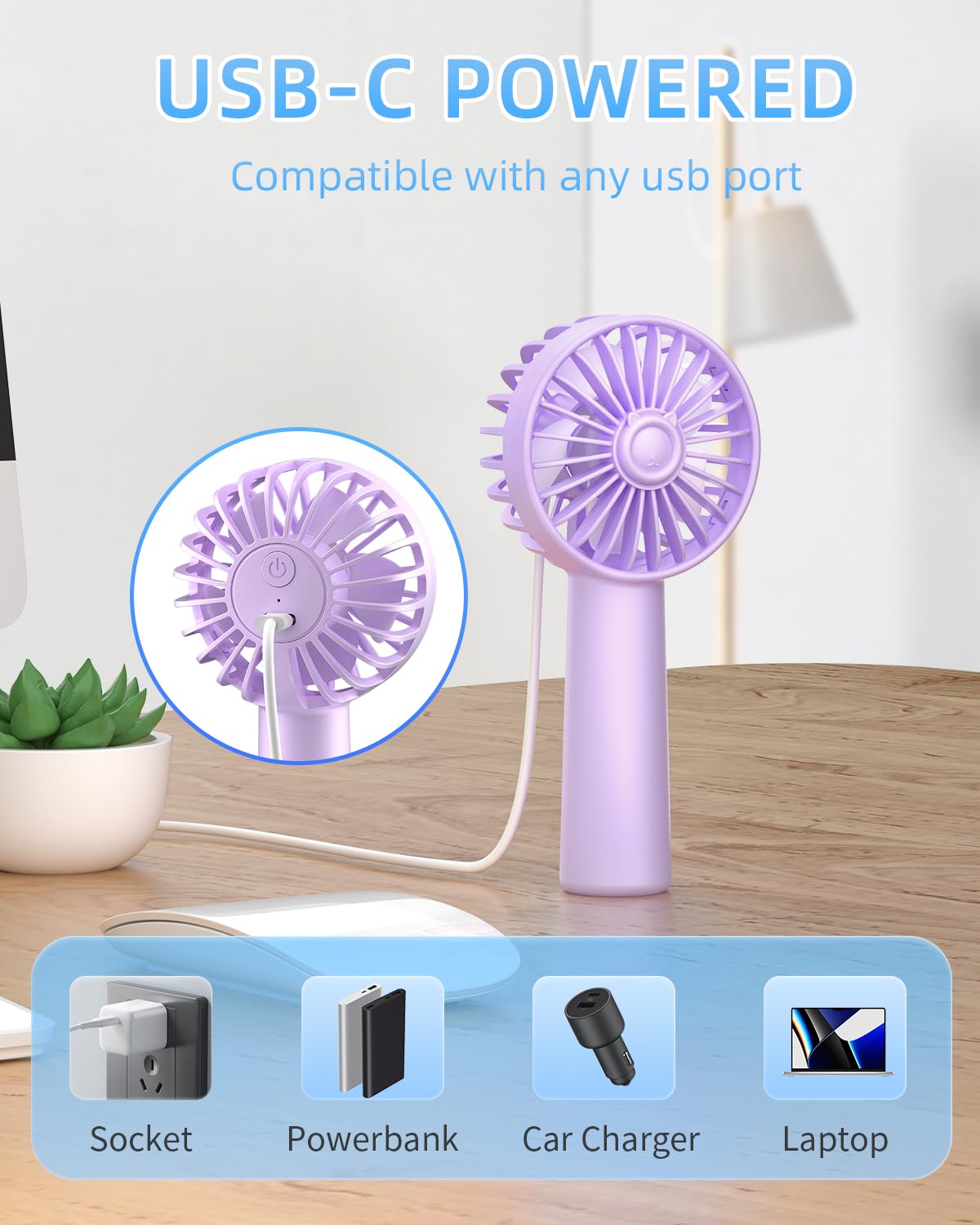 KIDEE Mini Portable Fan, Small Handheld Fan with 3 Speeds, Personal Hand Fans USB Rechargeable, Battery Operate for Outdoor Indoor Commute Office Travel