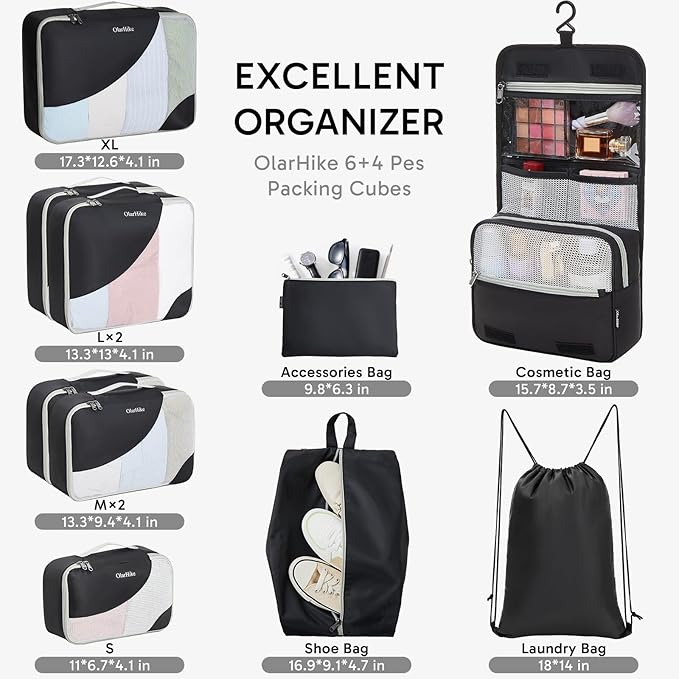 ALL INCLUDED 10 Set Durable Packing Cubes for Suitcases,OlarHike Essentials for Travel,UPGRADED Anti-Tear Stitching, NEW Improved Luggage Packing Organizers for Travel Accessories (Black)