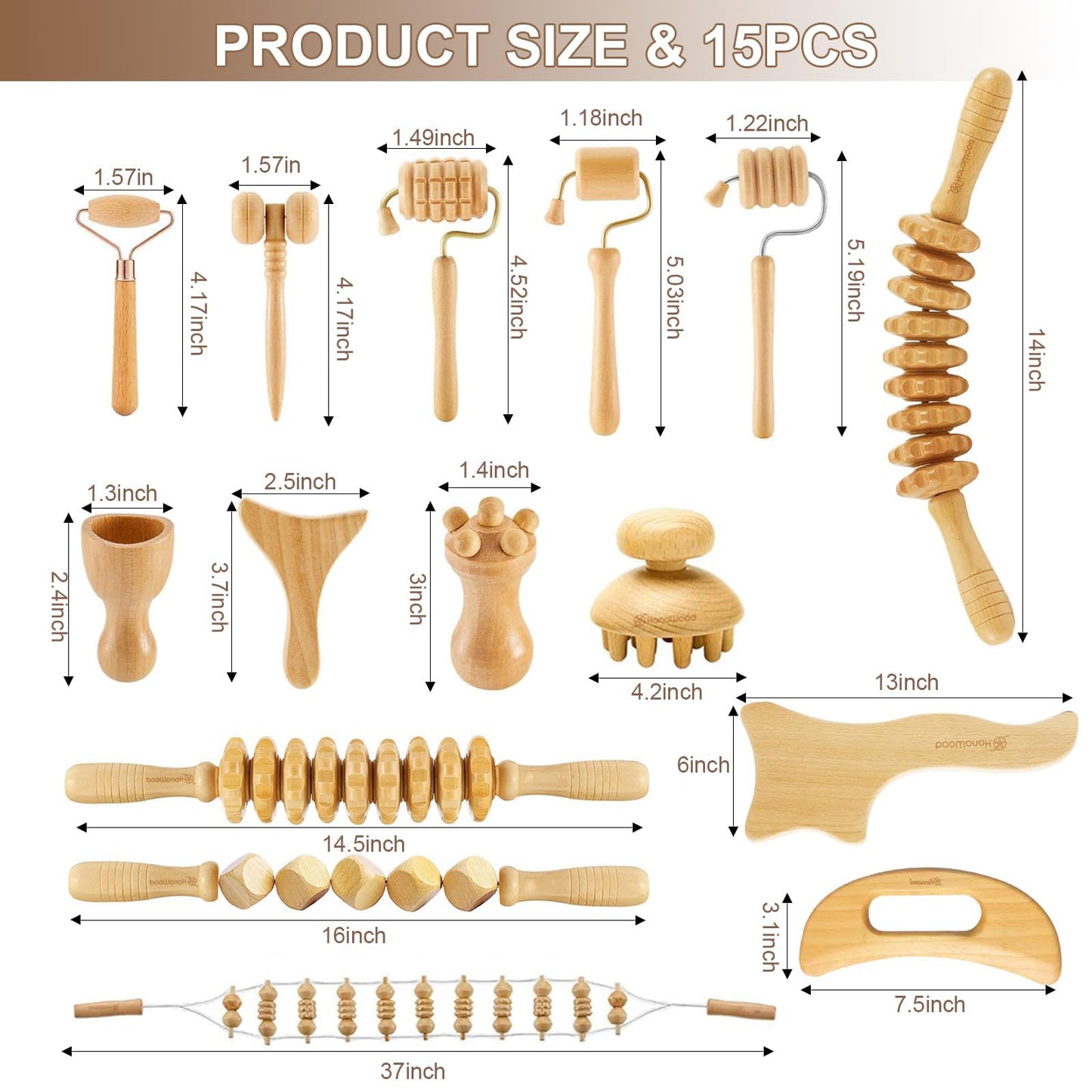 15 Pcs Wood Therapy Massage Tools Set Maderoterapia Kit Therapy Tools for Body Muscle Pain Relief Wooden Body Face Sculpting Tools Wood Roller Massager, Fascia Massage