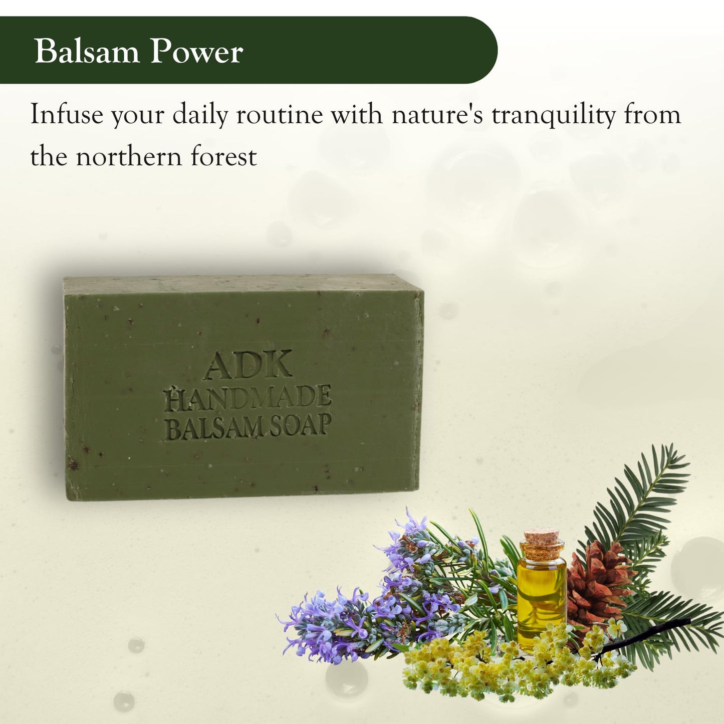 Adirondack Fragrance & Flavor Farm ADK Natural Balsam Soap Bar 4 oz., Handmade Vegan Olive Oil Body Soap for Dry and Sensitive Skin, Moisturising for Men, Women & Babies, Produced in the USA