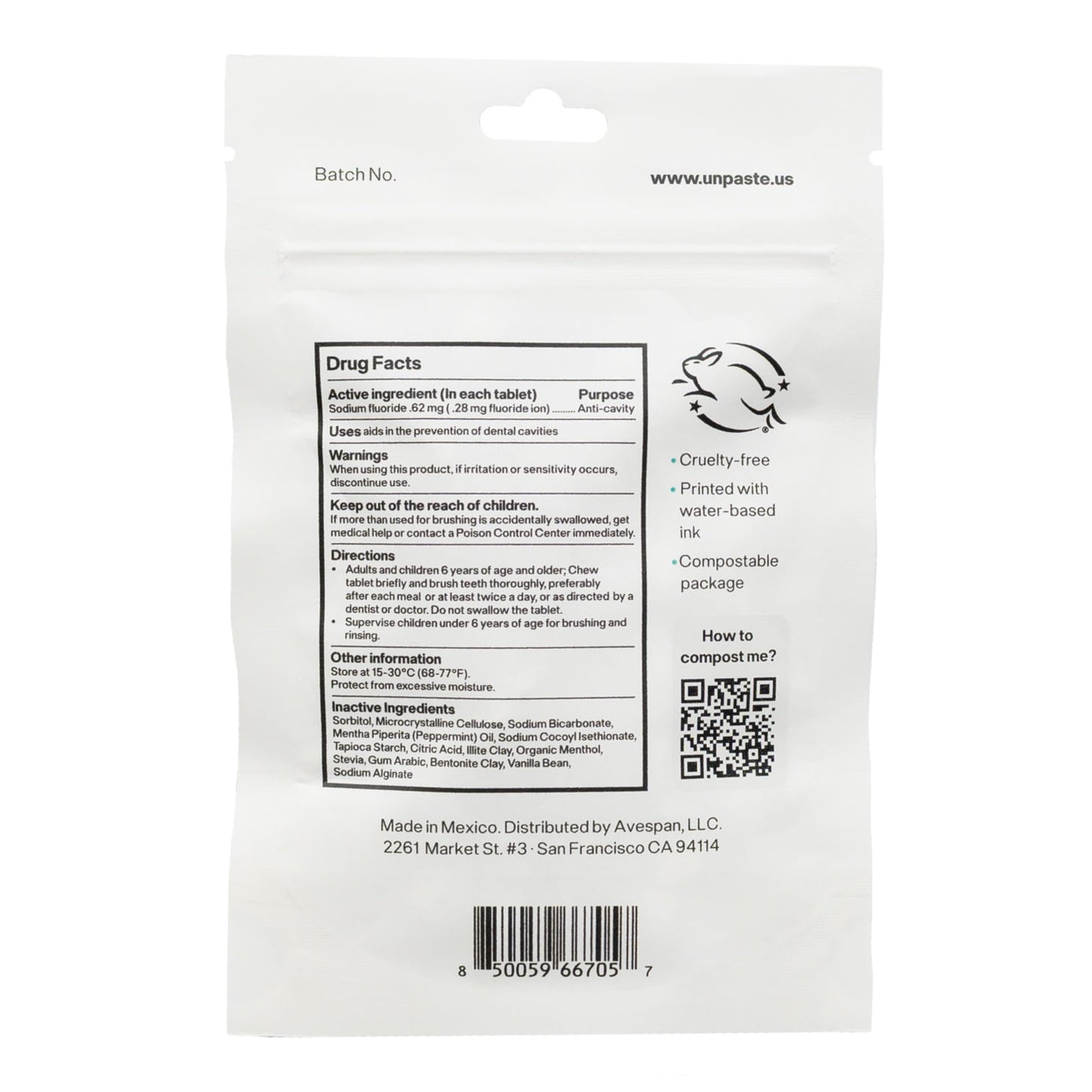 Unpaste Toothpaste Tablets, New Formula, Fluoride Mint, Xylitol Free, Vegan, Plastic Free, Travel-Friendly, Resealable Packet, 250ct, 4 Month Supply