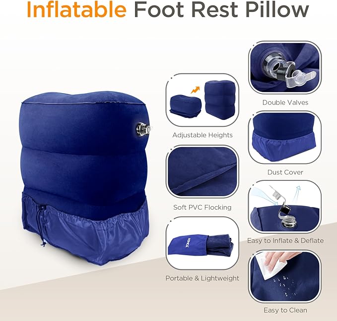 HOMCA Inflatable Travel Foot Rest Pillow, Adjustable Height Leg Pillow，Fast Inflating Airplane Bed for Toddlers，Footrest Pillow for Office, Airplane，Train，Cars，Home (Blue)