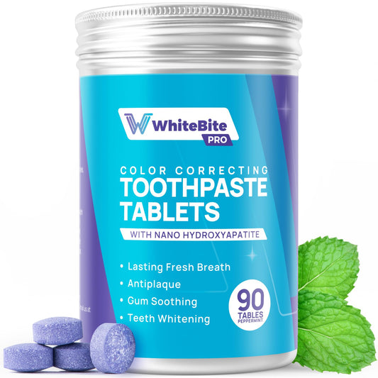 Whitebite Pro Color Correcting Toothpaste Tablets with Nano Hydroxyapatite | Fresh Breath & Natural Whitening | Travel-Friendly Toothpaste & Mouthwash | Fluoride and Plastic-Free (Peppermint)
