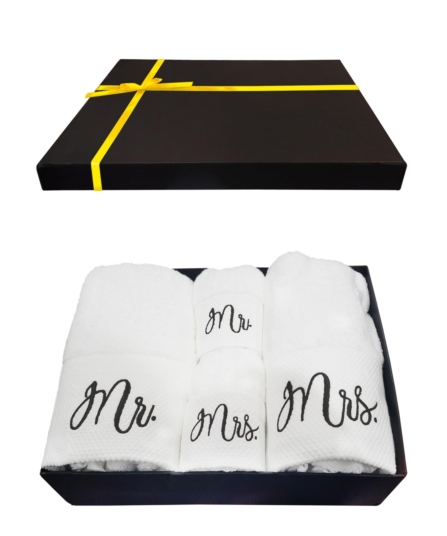 RUBBER BOND Mr and Mrs Towels Set with Gift Box - 4 Pack Bath and Hand Towels - Cotton Towels Set - Wedding, Honeymoon Gifts for The Couples - White Bathroom Towel Set with Black Embroidery
