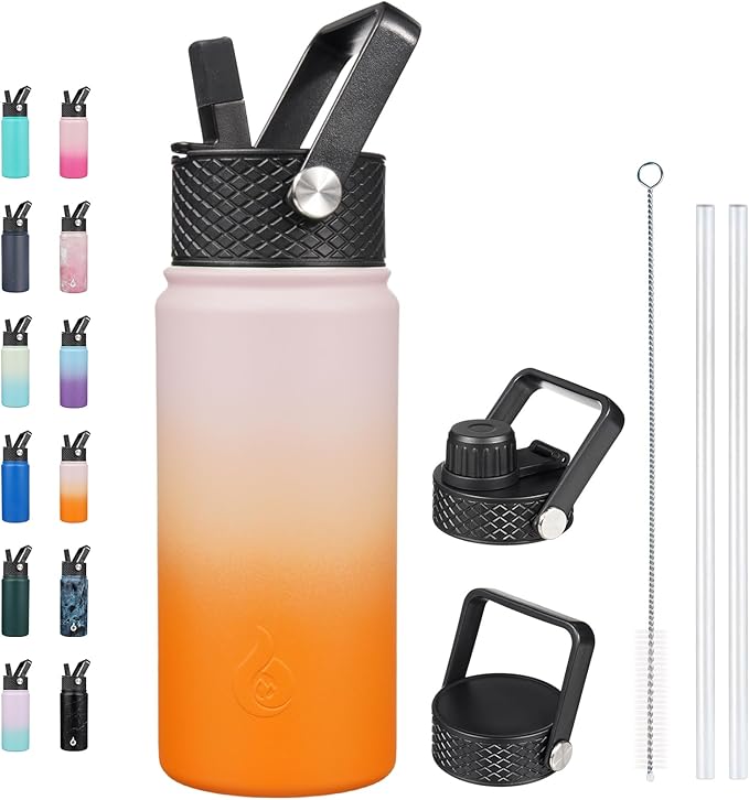 BJPKPK Insulated Water Bottles with Straw Lid, 18oz Stainless Steel Metal Water Bottle, Cold Hot Thermo with 3 Lids, Leak Proof BPA Free Travel Cup, Wide Mouth Flasks, Thermo -Coral
