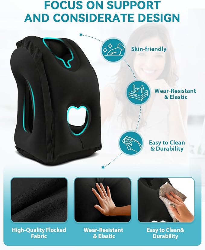JefDiee Inflatable Travel Pillow, Airplane Neck Pillow Comfortably Supports Head and Chin for Airplanes, Trains, Cars Office Napping on The Tray Table (Black)