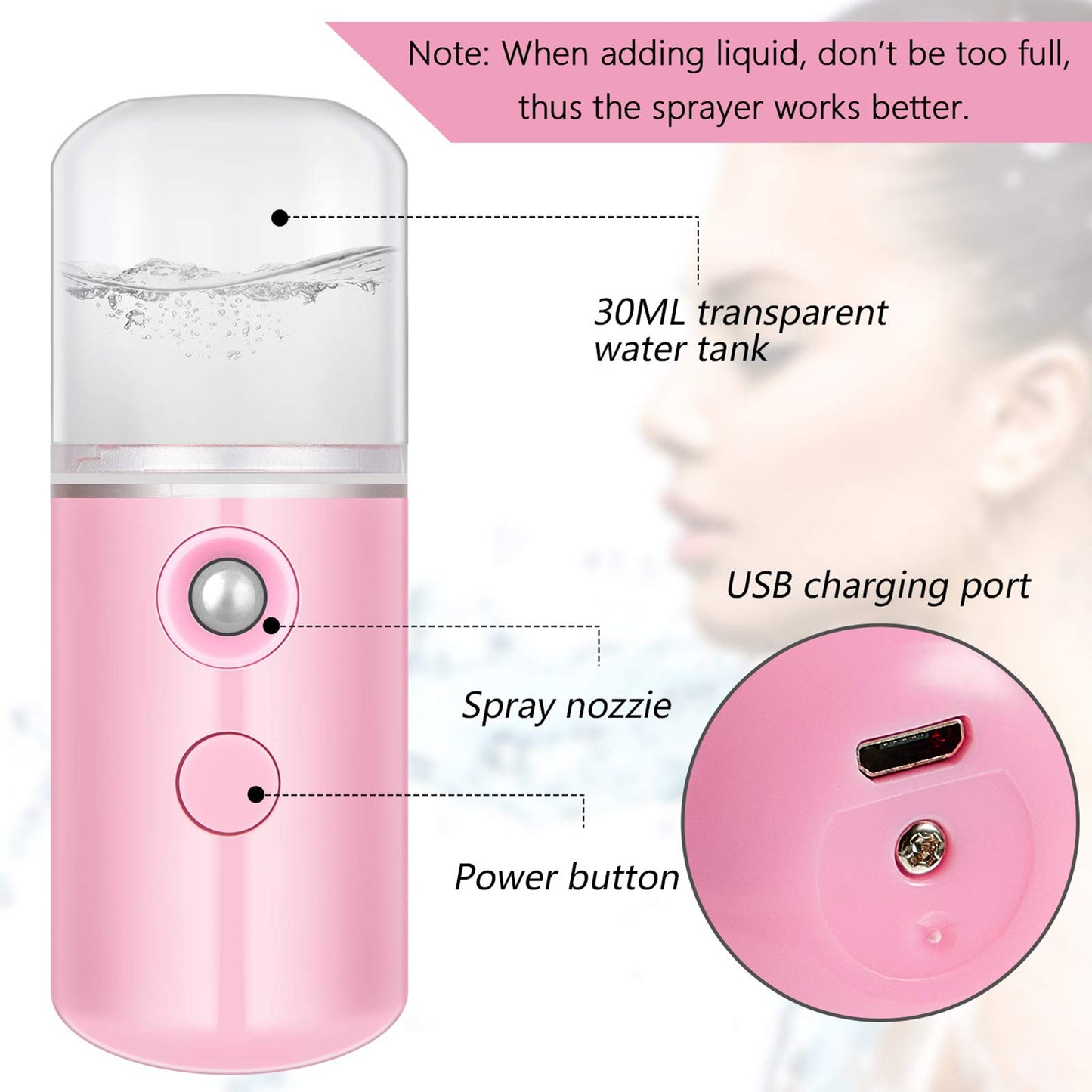 Mudder 4 Pcs Nano Facial Mister Handy Nano Mist Sprayer 30ml Visual Water Tank Portable Face Steamer Mini USB Mister for Lash Extensions, Skin Care, Makeup(White, Black, Light Pink, Pink)