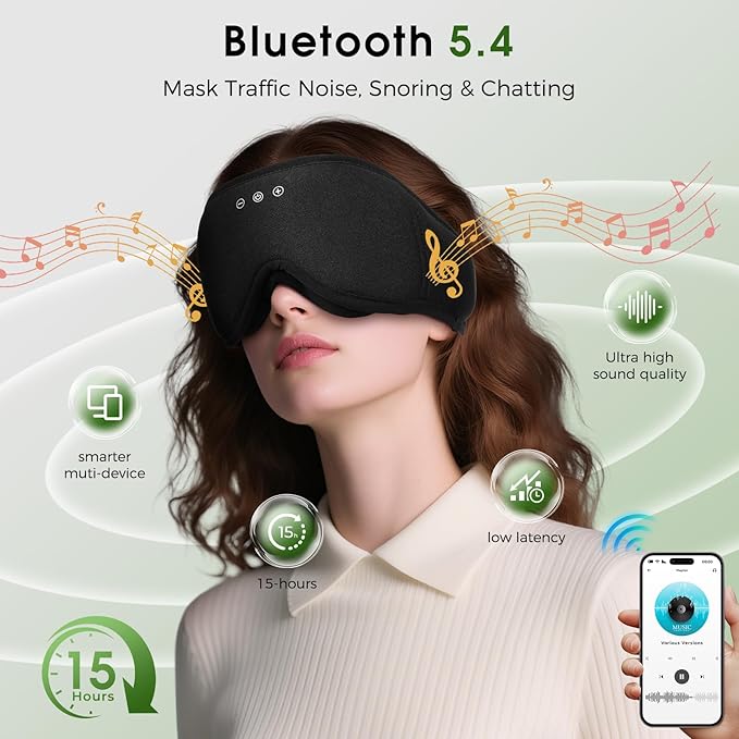 Bamboo Cotton Bluetooth Sleep Eye Mask,Soft 3D Blackout Eye Mask for Sleep,Sleeping Eye mask with 5.4 Bluetooth Headphones Wireless for Side Sleepers,Travel Essential Gift for Women Men, Black