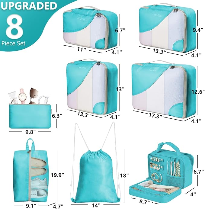 8 Set Packing Cubes for Travel, Gifts for Women Mom,Anti-Tearing Suitcase Organizer for Luggage with Shoe & Hanging Toiletry Bag,OlarHike Vacation Essentials & Accessories for Cruise Ship,Teal