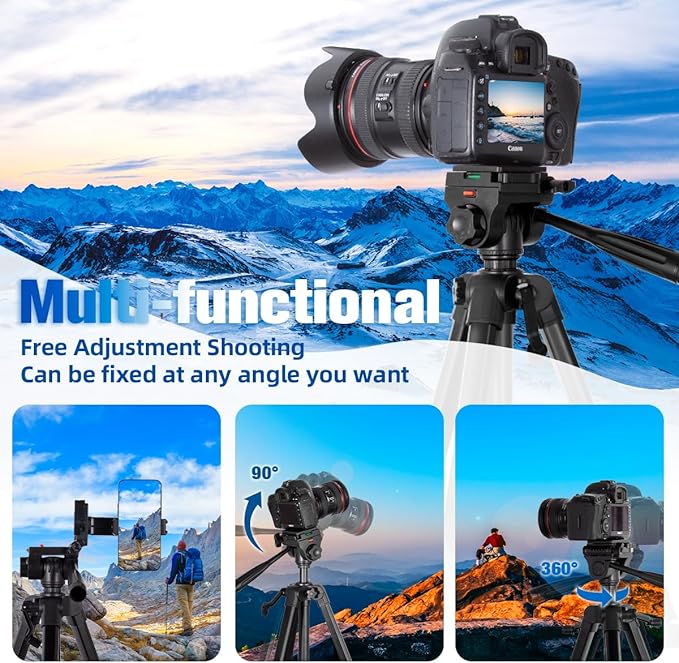 Camera Tripod, 74" DSLR Camera Tripod with 2 QR Plates for Sony/Nikon/Canon, Lightweight Video Tripod Stand for Travelling, Phone Tripod with Fluid Head/Phone Holder/Wireless Remote Max.Load 6kg