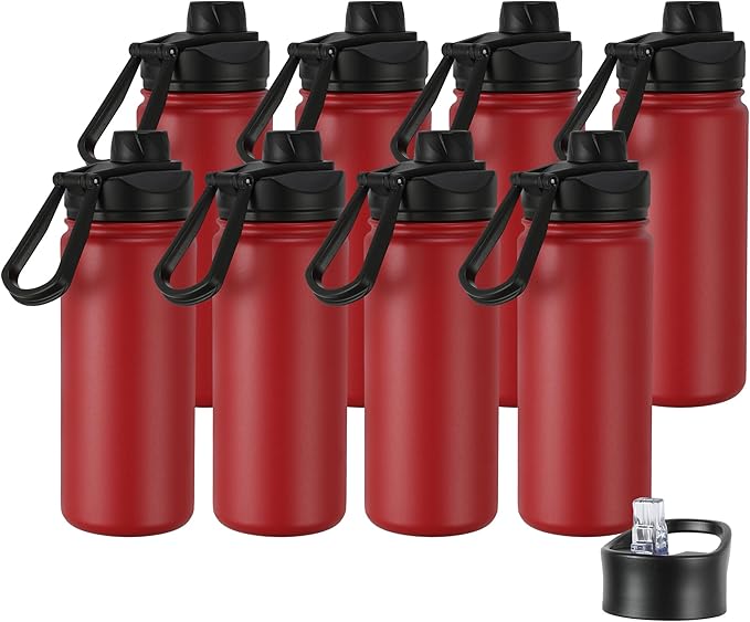 16 oz Insulated Water Bottle with Straw Lids, Stainless Steel Kids Water Bottles for School, Double Wall Vacuum Metal Water Bottle with Straw & Wide Mouth Lid, Red 8 Pack