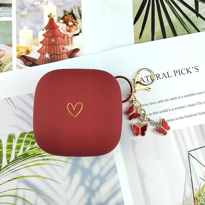 Compatible with Powerbeats Pro, Soft Silicone Case with Gold Heart Pattern for Powerbeats Pro Case with Cute Butterfly Keychain for Girls Women (Burgundy)