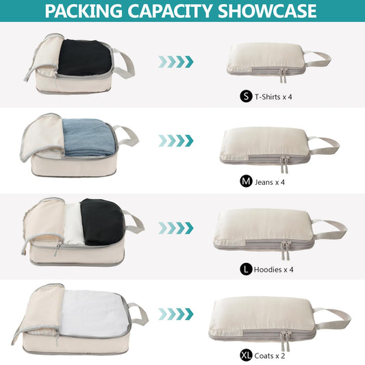 Compression Packing Cubes for Travel, 4 Set Suitcase Organizer Bags for Luggage, Lightweight Luggage Organizer Bags, Travel Cubes for Carry on, Off-White