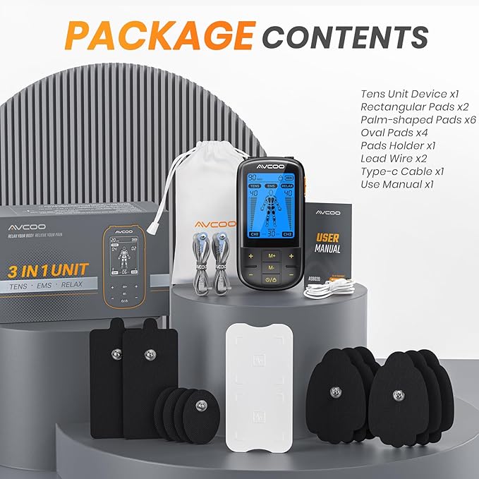 3-in-1 TENS Unit Muscle Stimulator with 30 Modes, 40 Intensities TENS Machine for Gradual Back Pain Relief Therapy, Rechargeable EMS Unit Massager with 12 TENS Electrode Pads, a Storage Bag