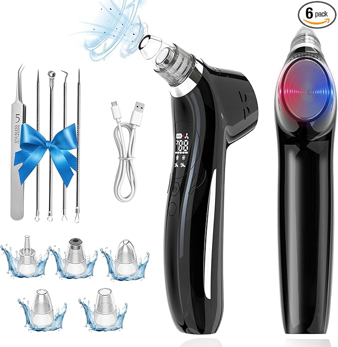 Blackhead Remover Vacuum Face Suction Pore Cleaner with Hot&Cold Compress Positive&Negative Ion Massage Nose Whitehead Remover Pimple Sucker with 5 Probes Pore Extractor Tool… (Black)