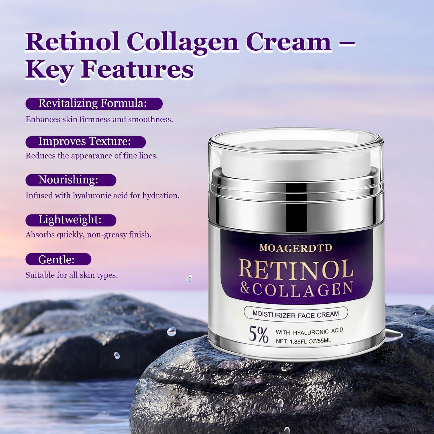 Retinol Collagen Cream is a Anti-aging and deeply hydrating formula. It's loaded with retinol and hyaluronic acid, making it suitable for use both during the day and at night 1.86 Fl Oz