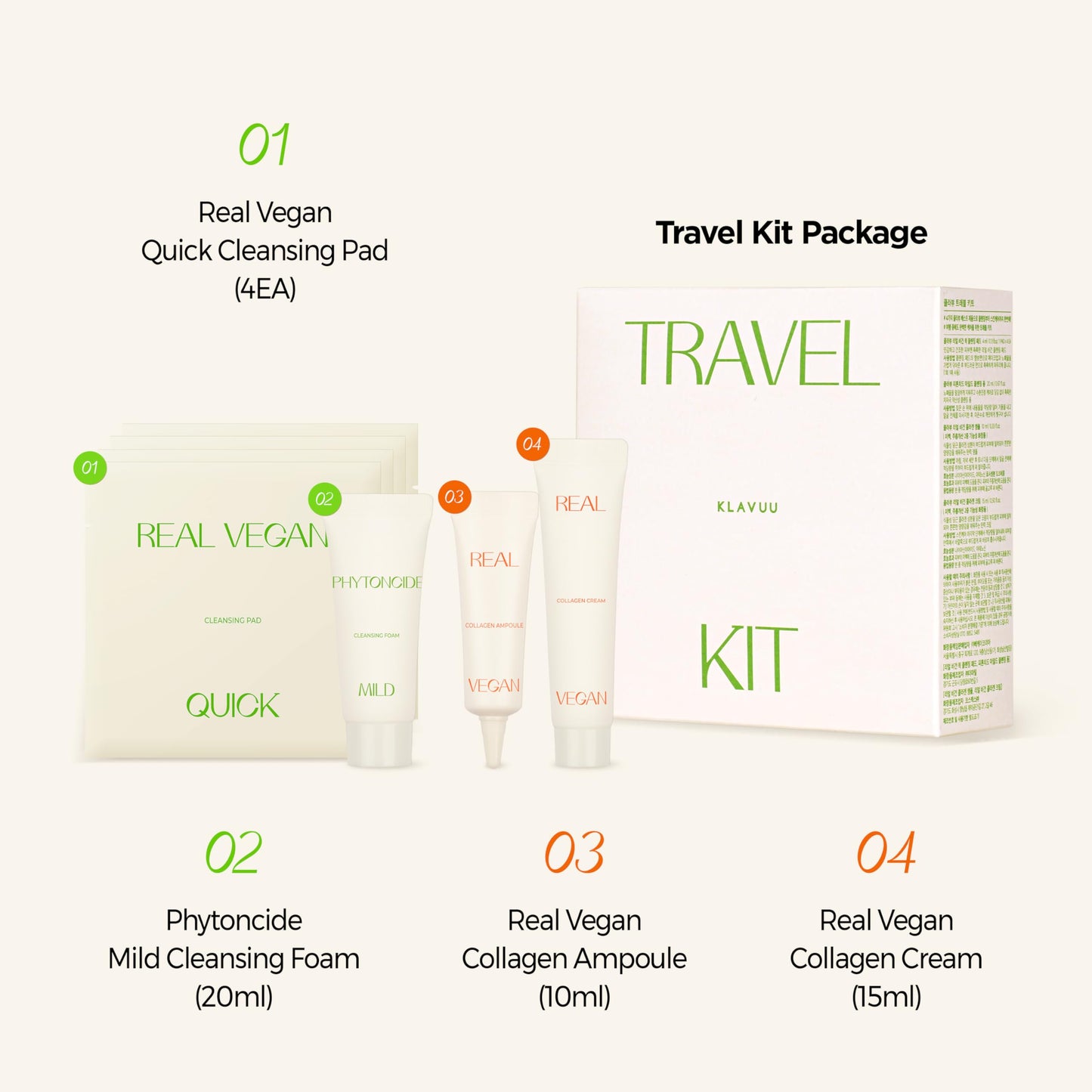 KLAVUU TRAVEL KIT – 4-Step Korean Skincare Set with Collagen Ampoule, Cream, Cleansing Pads & Foam | Travel Size Gift Set | Vegan | Mini K-Beauty Trial Kit
