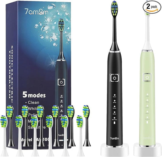 7AM2M Sonic Electric Toothbrush with 6 Brush Heads for Adults and Kids, One Charge for 90 Days, Wireless Fast Charge, 5 Modes with 2 Minutes Built in Smart Timer, Electric Toothbrushes(Green+Black)