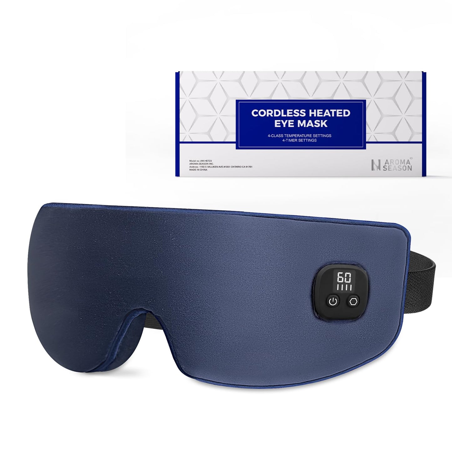 Aroma Season Silk Heated Eye Mask Cordless, 1500mAh Warm Eye Compress for Dry Eyes, Blepharitis, 4 Time Levels and 4 Temperature Settings, Washable (Navy Blue)