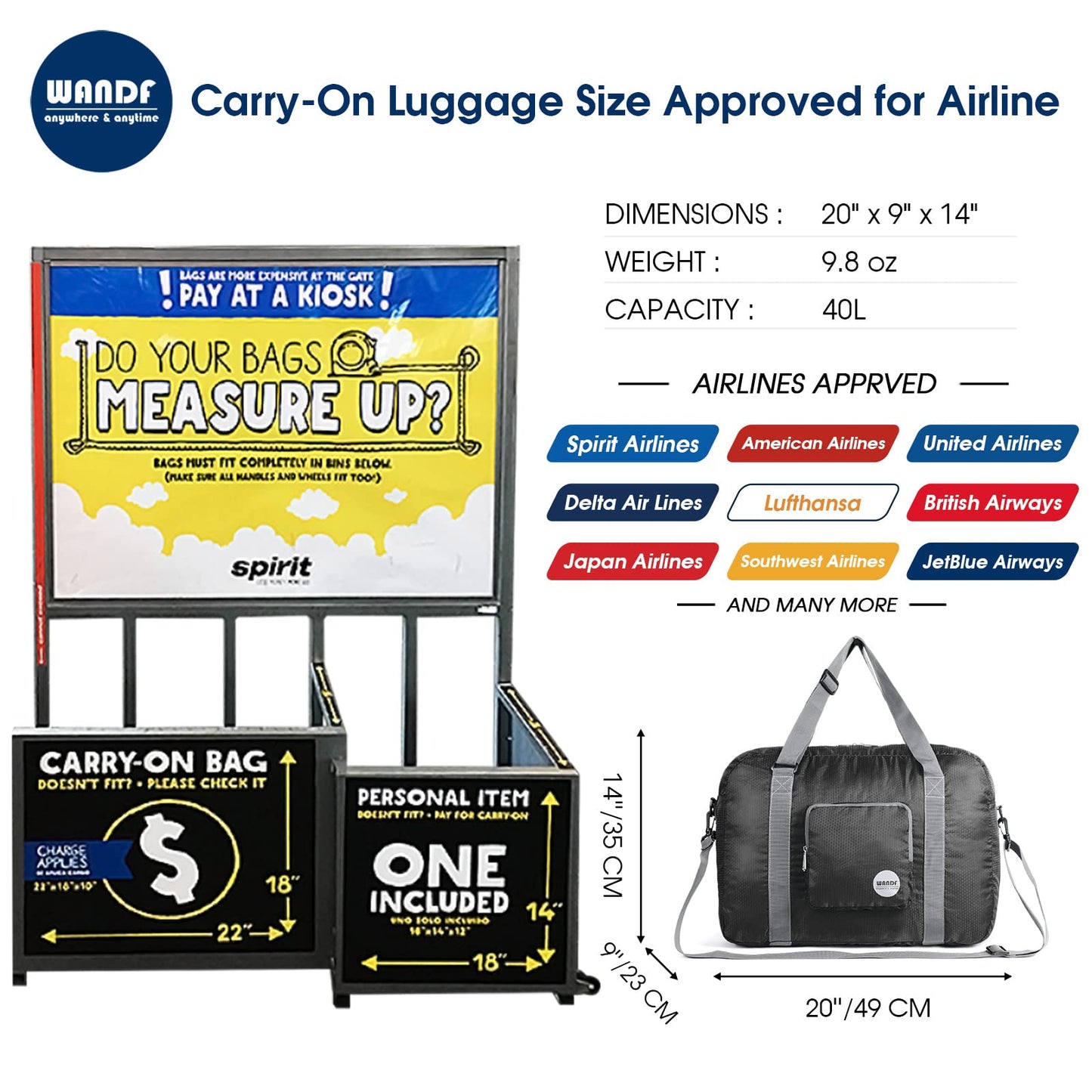 WANDF For Spirit Airlines Personal Item Bag 18x14x8 Foldable Travel Duffel Carry on Weekender Overnight for Women Men