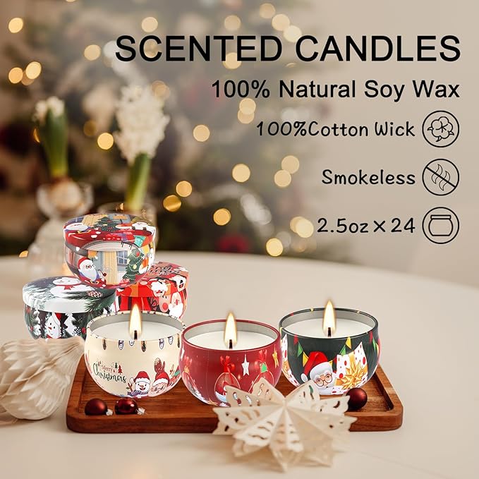 24 Packs Christmas Scented Candles Gift- Aromatherapy Candle-2.5oz Soy Wax-Long Lasting Burn time, Christmas Thanksgiving Gifts, Home Decor