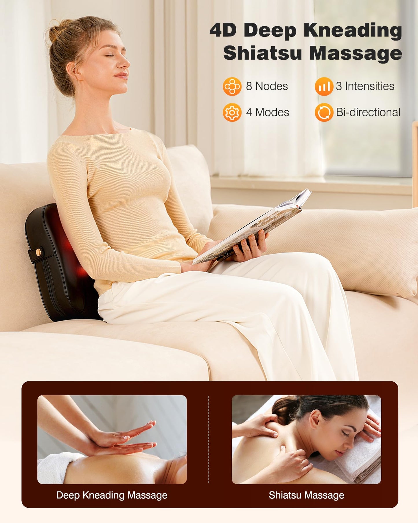 Back Massager with Heat-Shiatsu Neck Massagers Deep Tissue Kneading Massage Pillow for Lower Back Leg Shoulder-Lumbar Support Pillow for Office Chair, Gifts for Mom Dad Women Men