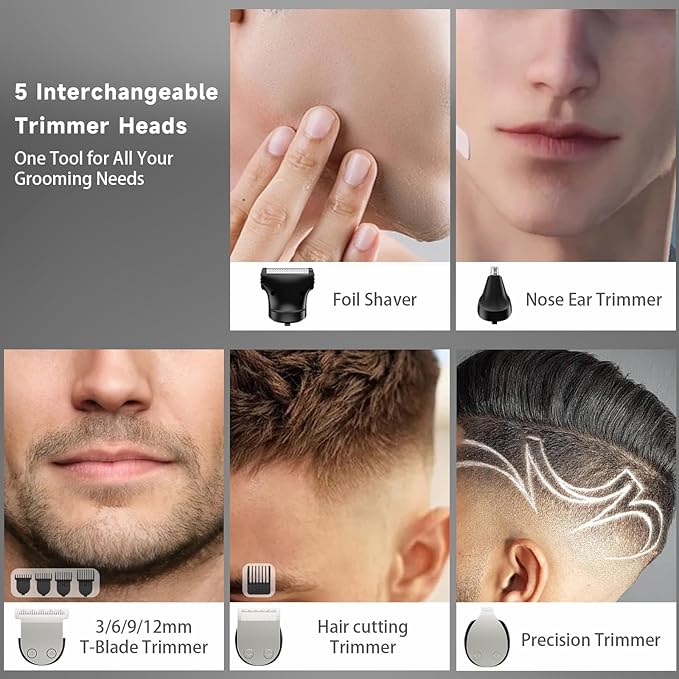 Beard Trimmer for Men, Electric Razor for Nose, Body, Face and Mustache, 5-in-1 Barber Hair Clippers, Cordless Shavers for Men Grooming Kit Ideal Gift
