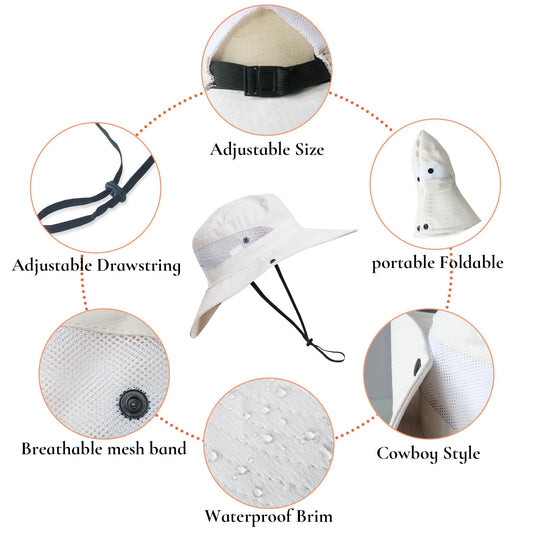 NPJY Ponytail Sun Hats for Women Men 3” Wide Brim UPF 50+ Fishing Beach Bucket Hats Beige