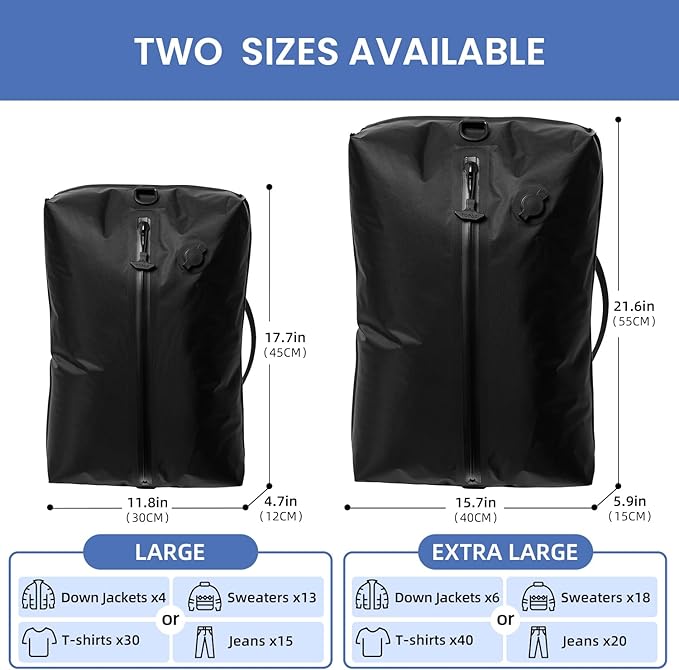 BAGAIL TPU Vacuum Bag for Travel, Reusable Compression Bag with IPX8 Waterproof Zipper, Save Space for Suitcase, Backpack and Carry on (Black, Large, With Pump)