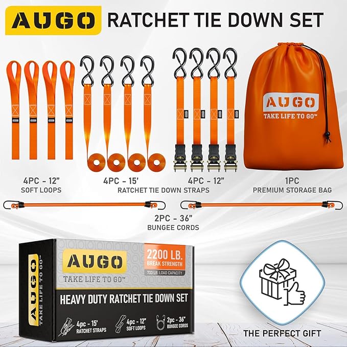 AUGO Ratchet Straps Heavy Duty 4 Pack -15 FT - 2200 LB Break Strength – with Safety Lock S Hooks - Cargo Straps for Moving, Appliances, Motorcycle – Soft Loop Tie Down Straps