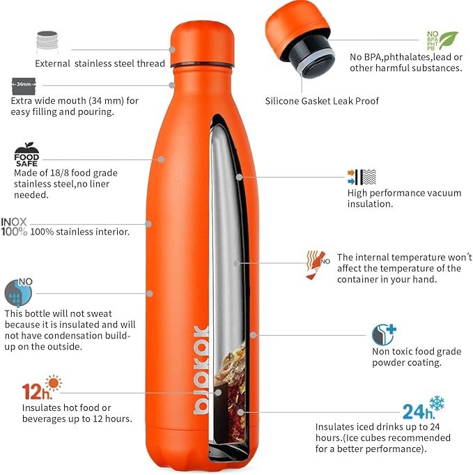 BJPKPK 25oz Insulated Stainless Steel Water Bottles,Sports Water Bottles Keep Cold for 24 Hours and Hot for 12 Hours,Orange Cap
