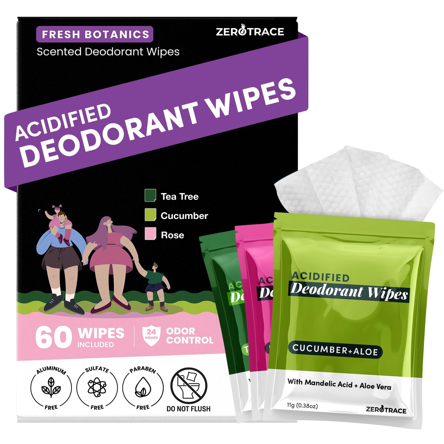 Zero Trace Travel Deodorant Wipes - 60 Count- 24 Hour Odor Control - Aluminum Free Hypoallergenic Mini Deodorant For Women and Men - Individually Wrapped Underarm & Body Wipes- Fresh Botanics