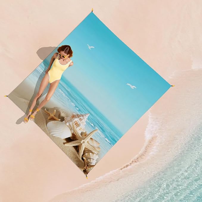 Beach Blanket Waterproof Sandproof, Shells Oversized Extra Large Picnic Mat 83"×95"/8 × 7 FT for 1-7 Adults for Travel Camping Hiking, Quick Drying Lightweight Outdoor Beach Vacation Essentials