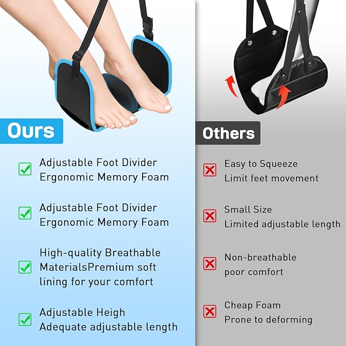 Airplane Foot Hammock, Foot Hammock for Travel Accessories with Ergonomic Removable Foot Divider Design, Airplane Foot Rest, Premium Comfortable Memory Foam & Hardboard for No Feet Clashing(Large)