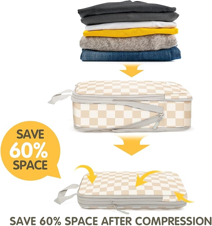 8 Set Compression Packing Cubes Travel, Lightweight Durable Packing Compression Cubes, Accessories Bags Packing Cubes for Travel Luggage Organizer (Khaki Checkered)