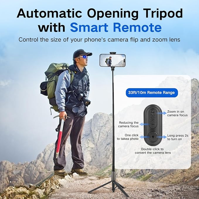 62 inch Automatic Tripod for iPhone, Auto-Open Phone Tripod Stand with Magnetic Smart Remote,Selfie Stick Remote Cell Phone Zoom Lens Size,Travel Selfie Stick for iPhone/Android