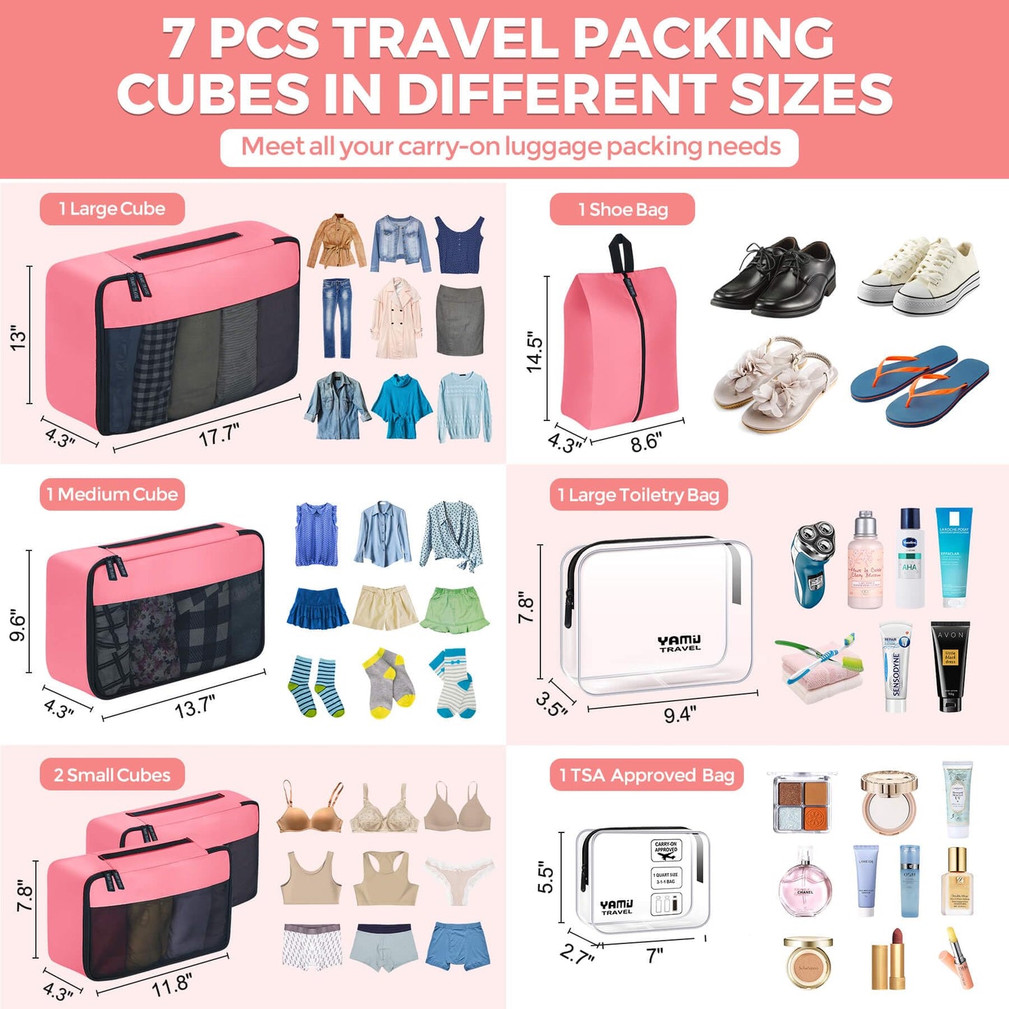 YAMIU Packing Cubes for Suitcases, 7 Pcs luggage organizer bags with Shoe Bag, 2 Waterproof Travel Toiletry Bags, Travel Cubes for Travel Essentials Travel Accessories