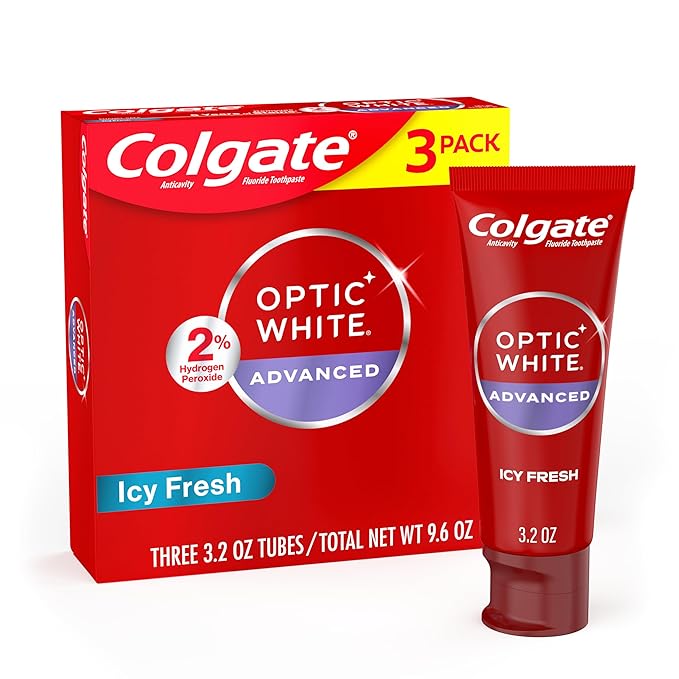 Colgate Optic White Advanced Hydrogen Peroxide Toothpaste Pack, Teeth Whitening Toothpaste, Enamel-Safe Hydrogen Peroxide Formula, Helps Remove Tea, Coffee, and Wine Stains, Icy Fresh, 3 Pack, 3.2 oz