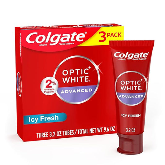 Colgate Optic White Advanced Hydrogen Peroxide Toothpaste Pack, Teeth Whitening Toothpaste, Enamel-Safe Hydrogen Peroxide Formula, Helps Remove Tea, Coffee, and Wine Stains, Icy Fresh, 3 Pack, 3.2 oz