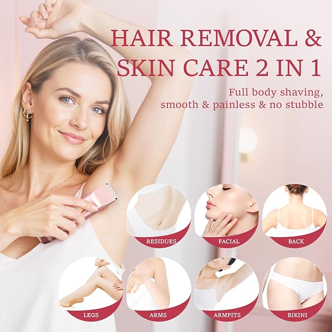 2 in 1 Bikini Trimmer for Women: Electric Razor & Shaver with Dual Heads for Body Pubic Hair - Rechargeable Lady Facial Trimmer for Underarm Leg Arm Body Face