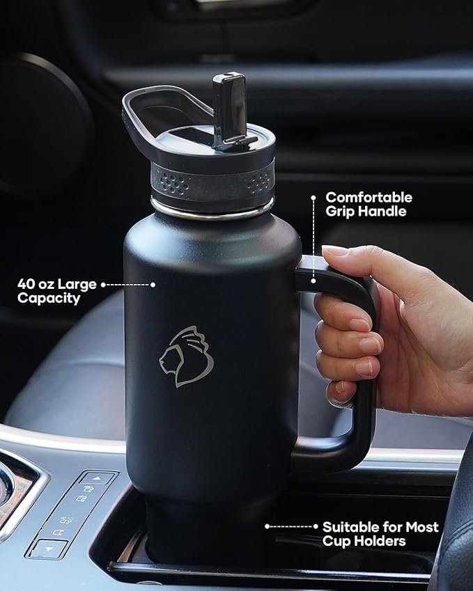 BUZIO Insulated Water Bottle with Handle & Flip Straw, 40oz Metal Travel Tumbler Fits in Cup Holders, Dishwasher Safe Leakproof Reusable Sport Mug, Gift for Women & Men, Keep Cold for 48hrs, Black