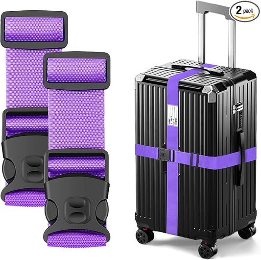 BILIONE Luggage Straps 88 inch Adjustable Suitcase Belt, Lockable Against Accidental Opening, Easy to Identify Travel Accessories, Add a Bag Connector (Lucky Purple, 2)